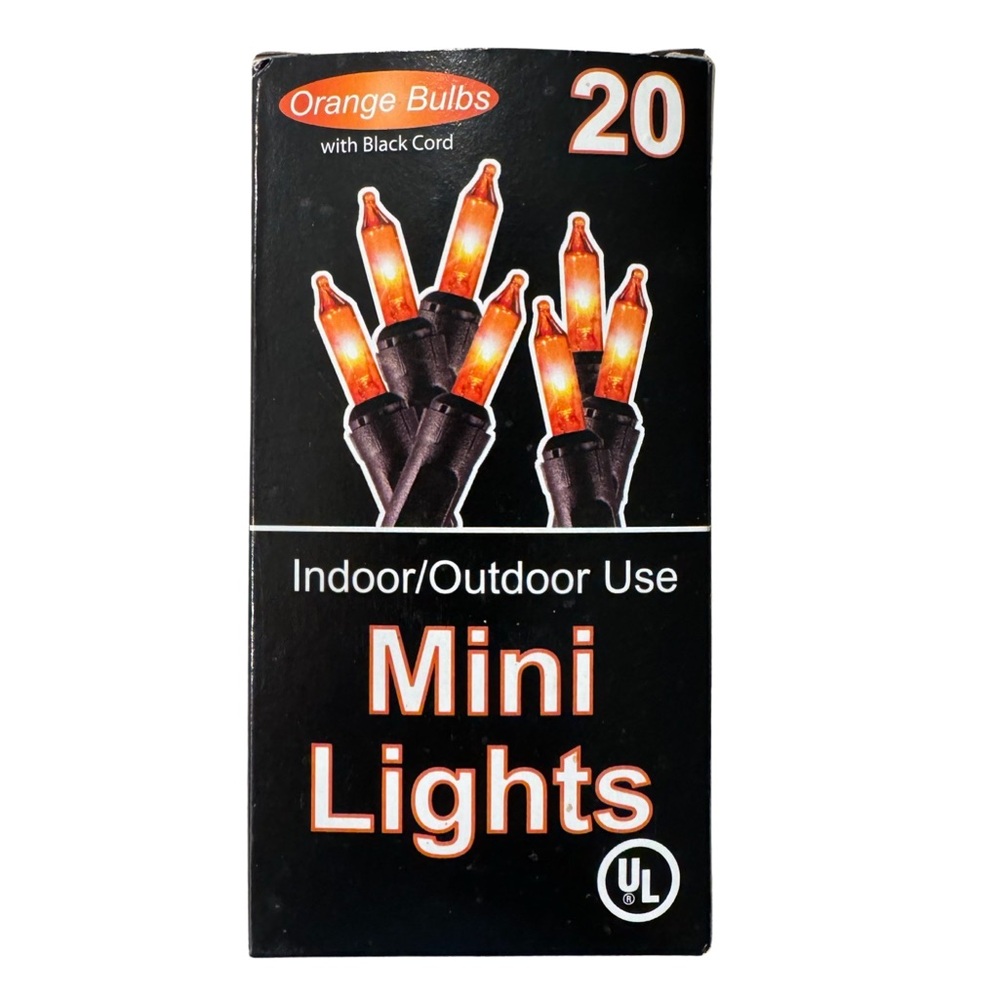 NIB Indoor Outdoor Halloween String Lights, 20 Orange Mini Bulbs, Black Wire